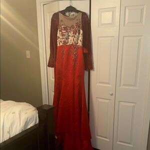 Red Beaded Evening Gown with Illusion Neckline